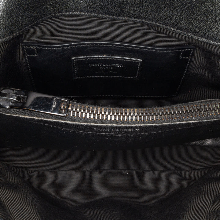 Medium Quilted Chevron Sheepskin College Satchel Black - Gaby Paris