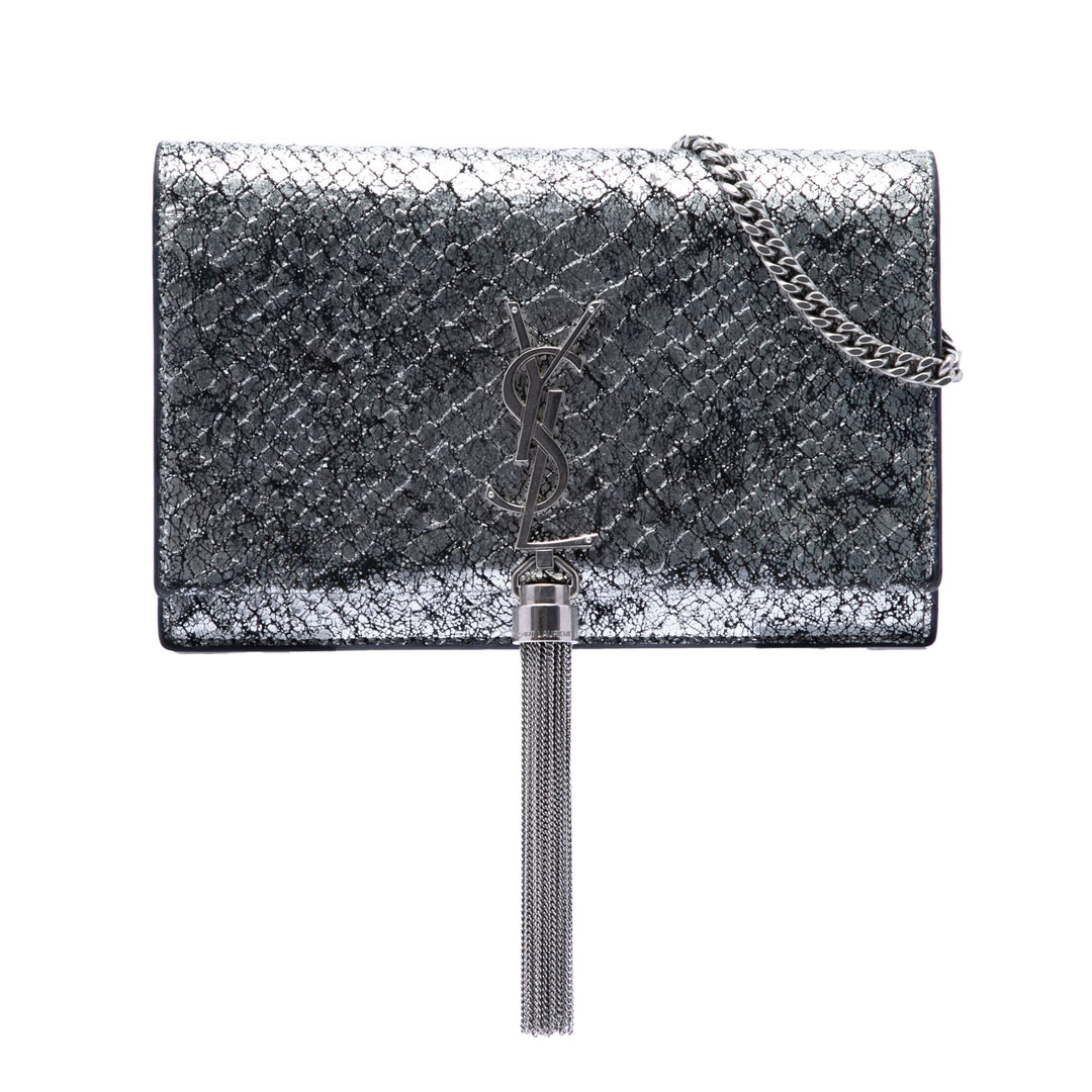 Saint Laurent Python embossé Metallic Cuir Classic Monogram Kate Pompon Wallet on Chain