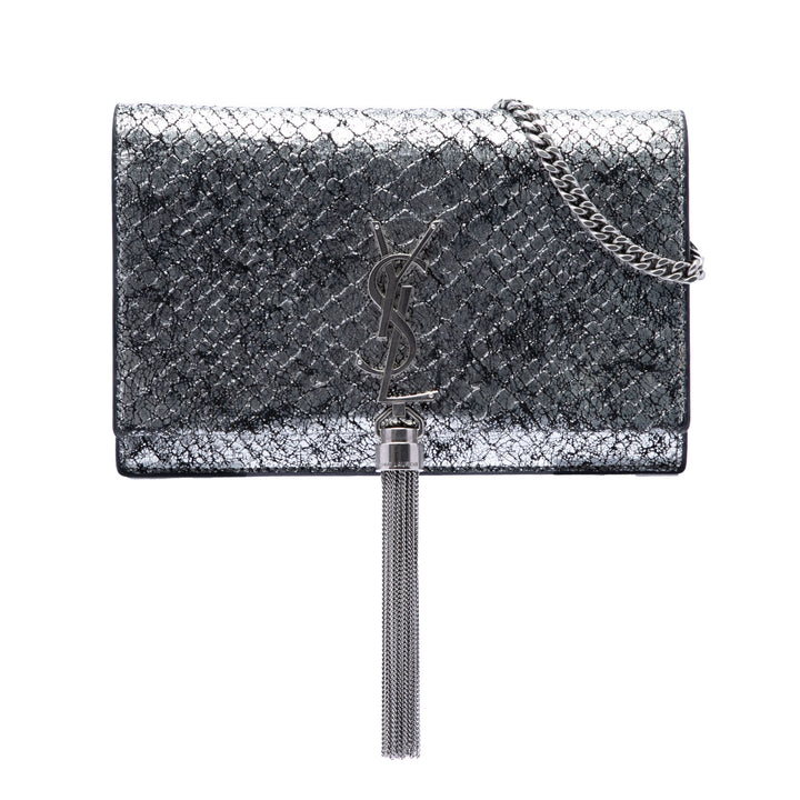 Saint Laurent Python embossé Metallic Cuir Classic Monogram Kate Pompon Wallet on Chain