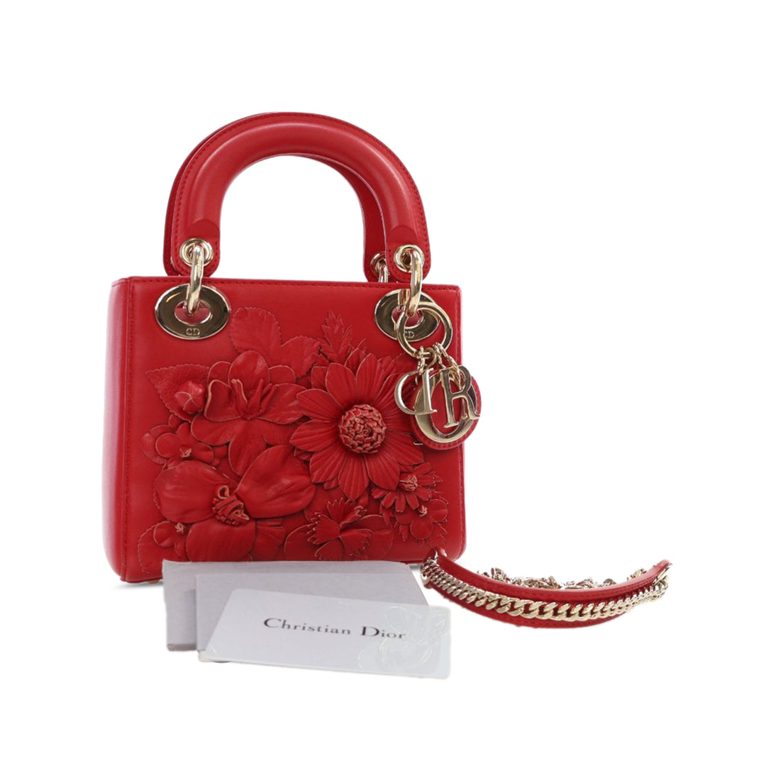 Mini Lambskin DiorAmour Applique Flower Lady Dior Red - Gaby Paris