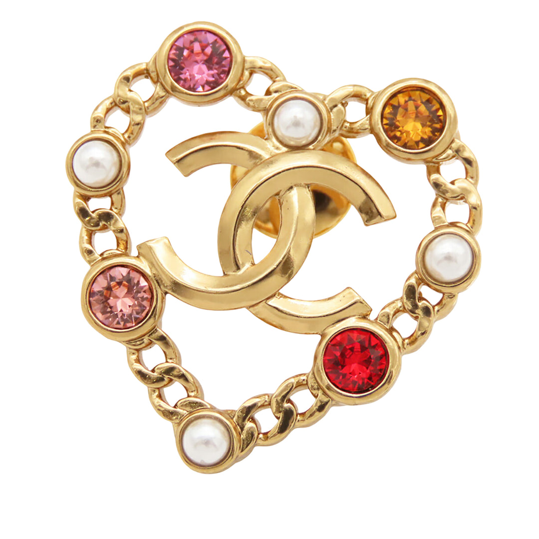 Chanel CC plaqué Strass Perles fantaisie Heart Broche Métal