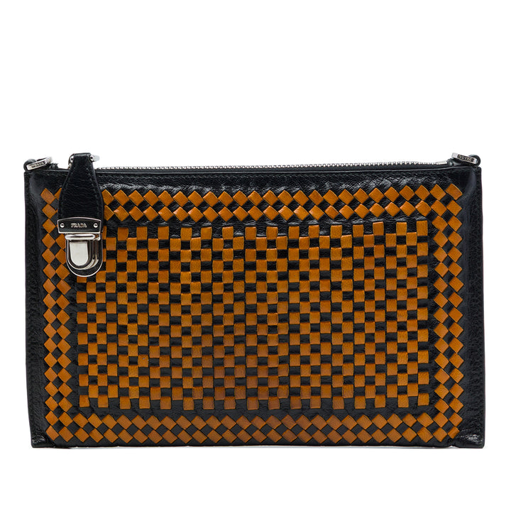 Prada Pochette Tissé Madras Zippé Cuir de chèvre Noir – vue principale – GABY PARIS