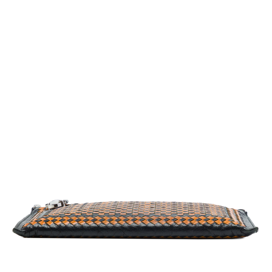 Prada Pochette Tissé Madras Zippé Cuir de chèvre Noir – vue 3 – GABY PARIS