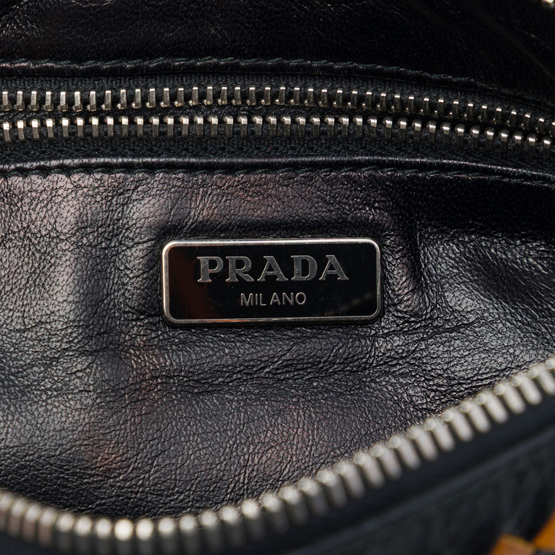 Prada Pochette Tissé Madras Zippé Cuir de chèvre Noir – vue 5 – GABY PARIS
