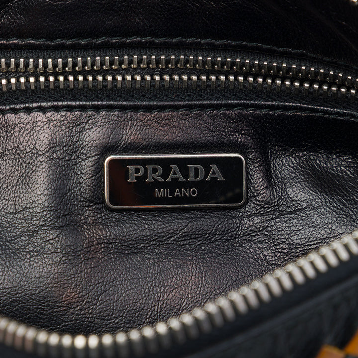 Prada Pochette Tissé Madras Zippé Cuir de chèvre Noir – vue 5 – GABY PARIS