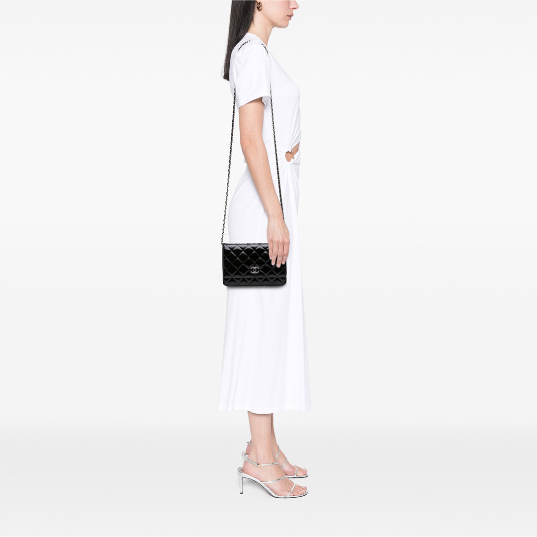 CC Quilted Patent Wallet On Chain Black - Gaby Paris
