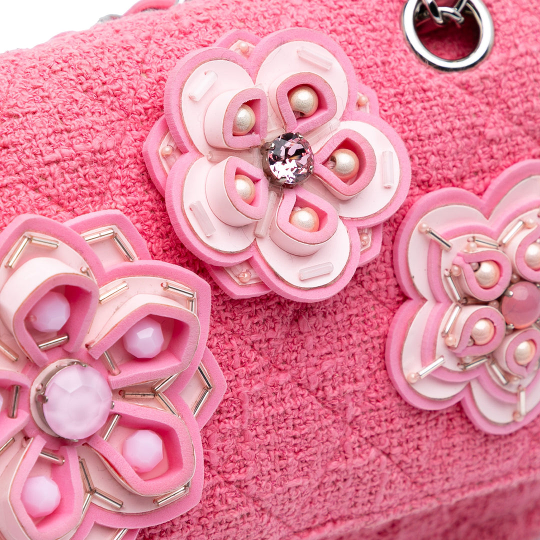 Medium Classic Tweed Beaded Flower Double Flap Pink - Gaby Paris