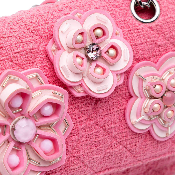 Medium Classic Tweed Beaded Flower Double Flap Pink - Gaby Paris