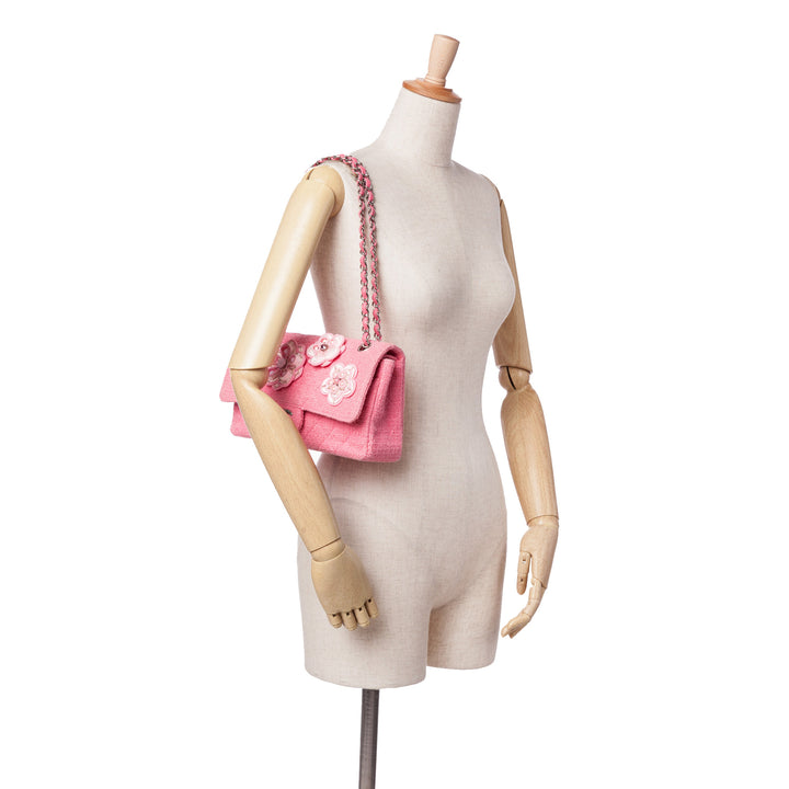Medium Classic Tweed Beaded Flower Double Flap Pink - Gaby Paris
