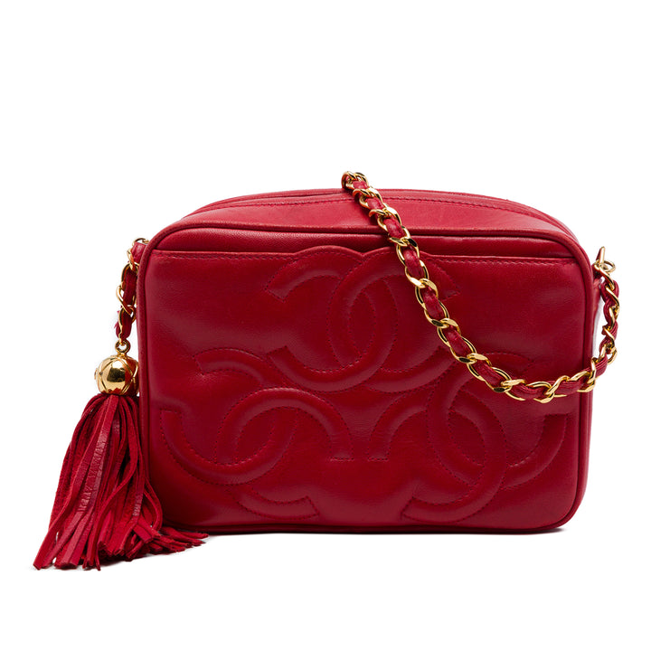 Triple CC Pompon Chaîne Sac caméra Cuir d'agneau Rouge