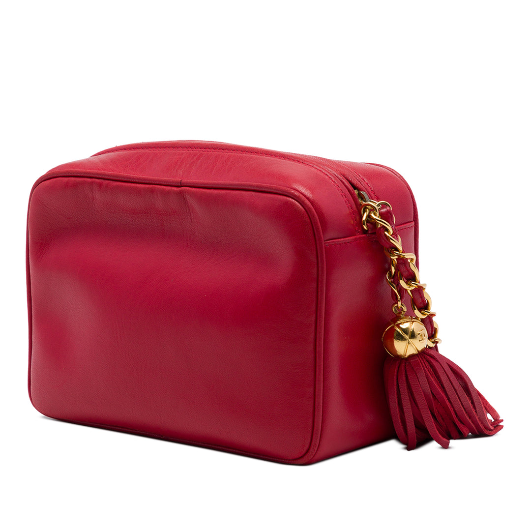 Triple CC Pompon Chaîne Sac caméra Cuir d'agneau Rouge