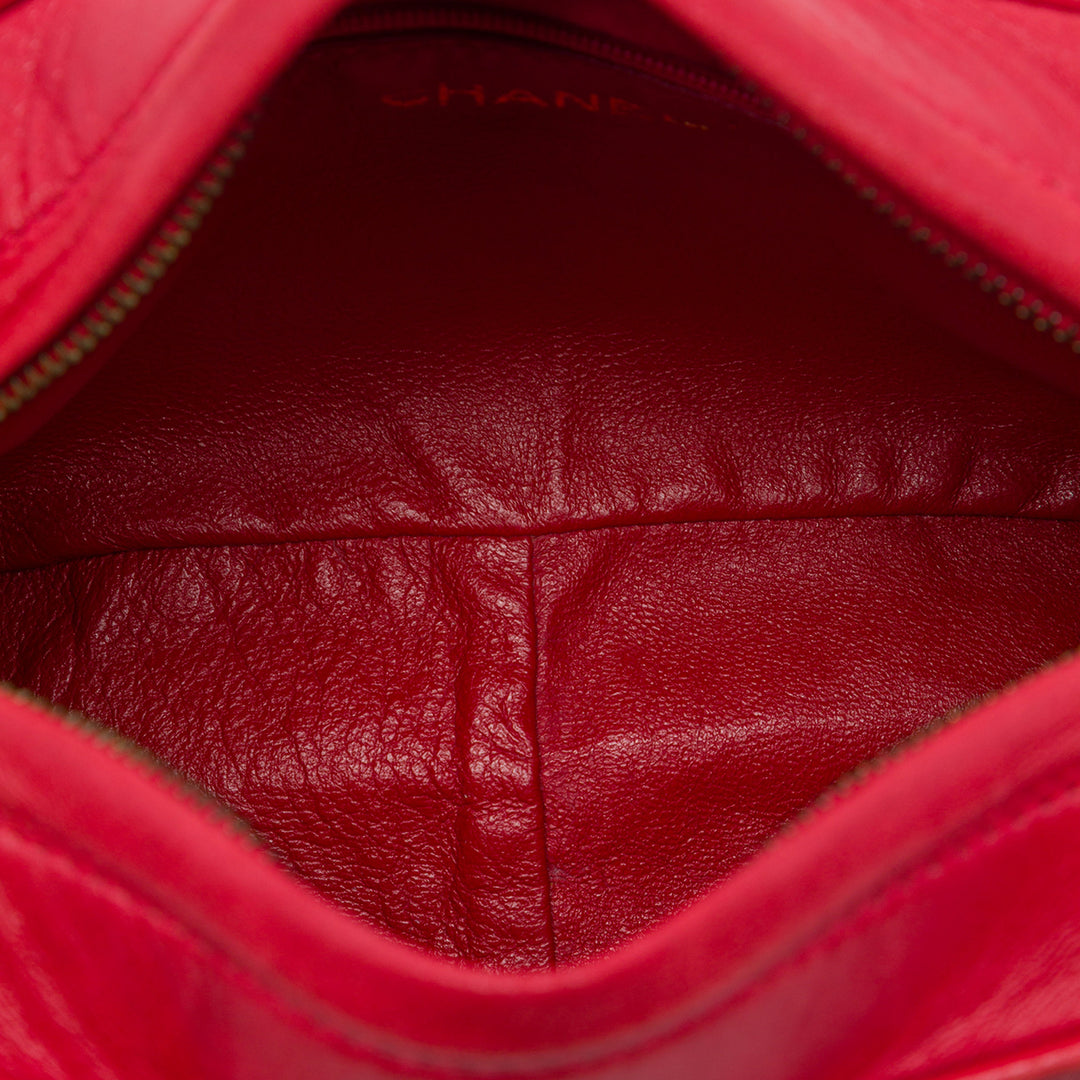 Triple CC Pompon Chaîne Sac caméra Cuir d'agneau Rouge