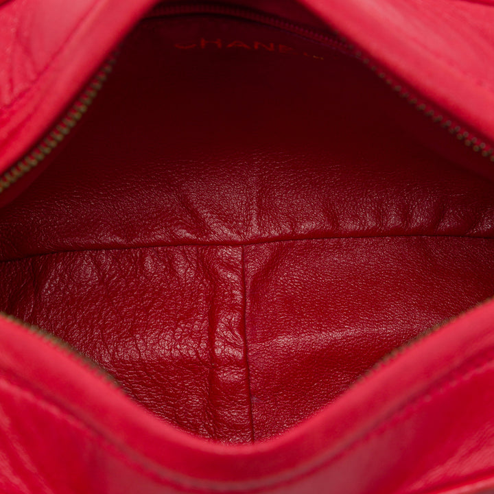 Triple CC Pompon Chaîne Sac caméra Cuir d'agneau Rouge