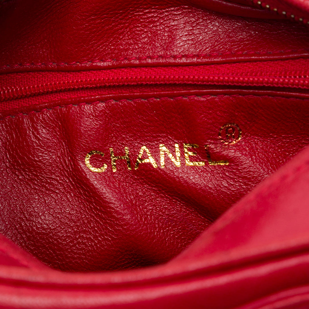 Triple CC Pompon Chaîne Sac caméra Cuir d'agneau Rouge