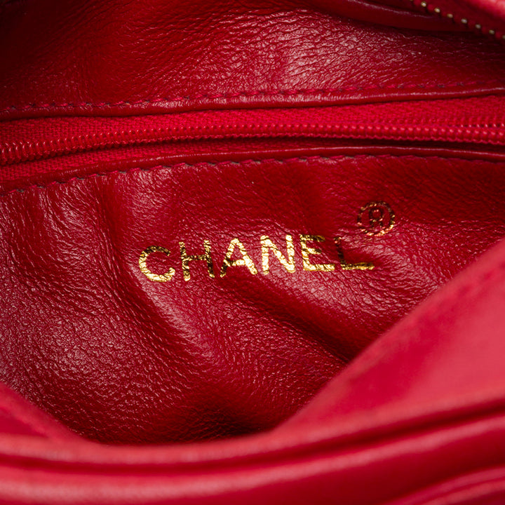 Triple CC Pompon Chaîne Sac caméra Cuir d'agneau Rouge