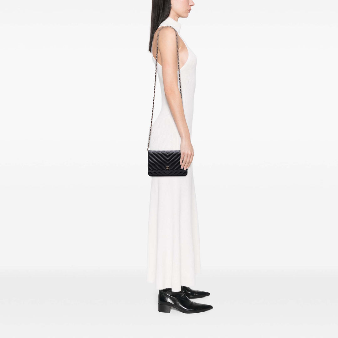 CC Chevron Lambskin Wallet On Chain Black - Gaby Paris