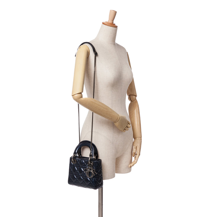 Mini Crinkled Calfskin Cannage Lady Dior Blue - Gaby Paris