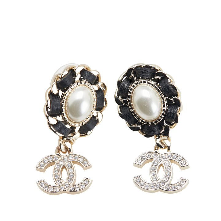 Gold Plated Leather Woven Faux Pearl CC Crystal Drop Earrings Gold - Gaby Paris