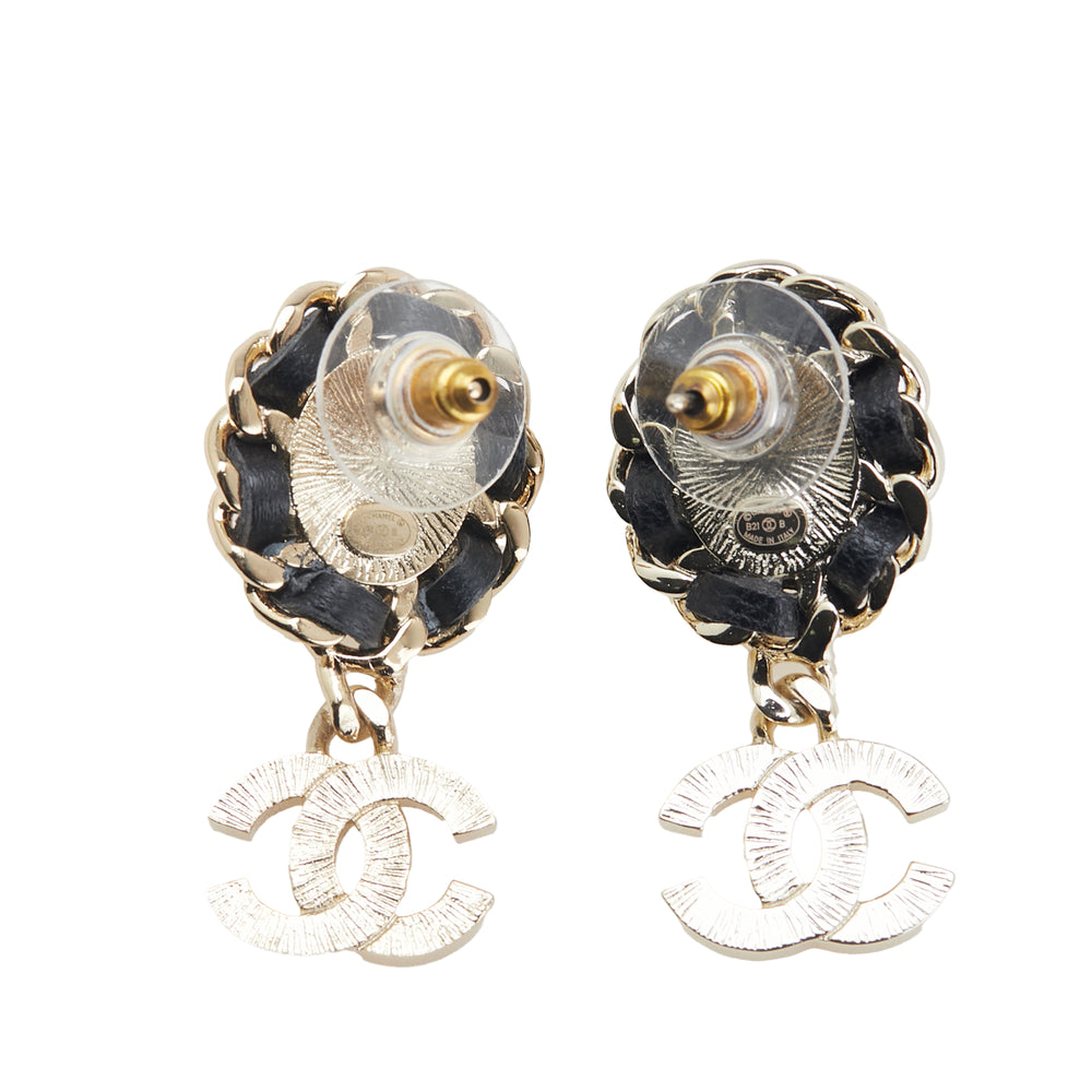 Gold Plated Leather Woven Faux Pearl CC Crystal Drop Earrings Gold - Gaby Paris
