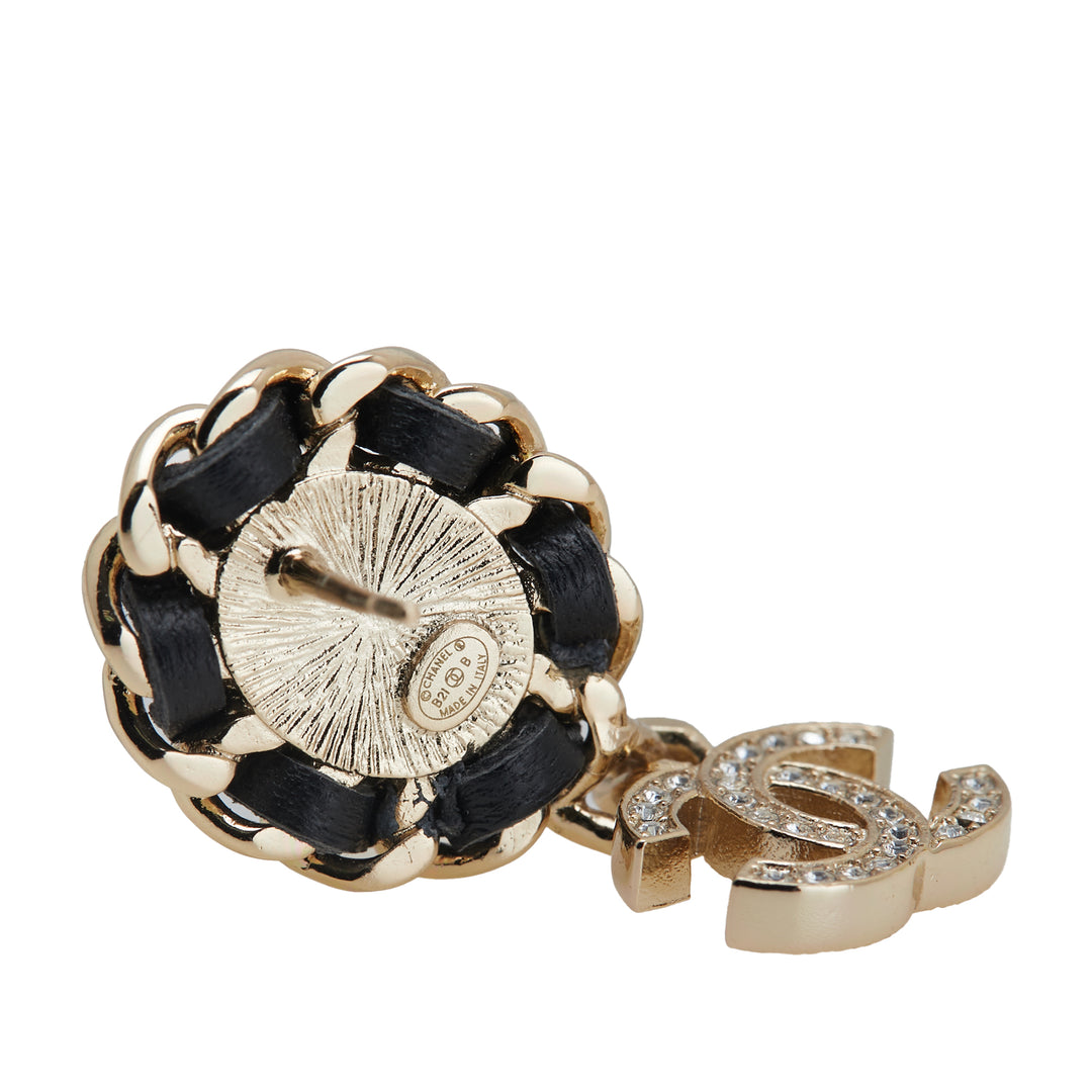 Gold Plated Leather Woven Faux Pearl CC Crystal Drop Earrings Gold - Gaby Paris