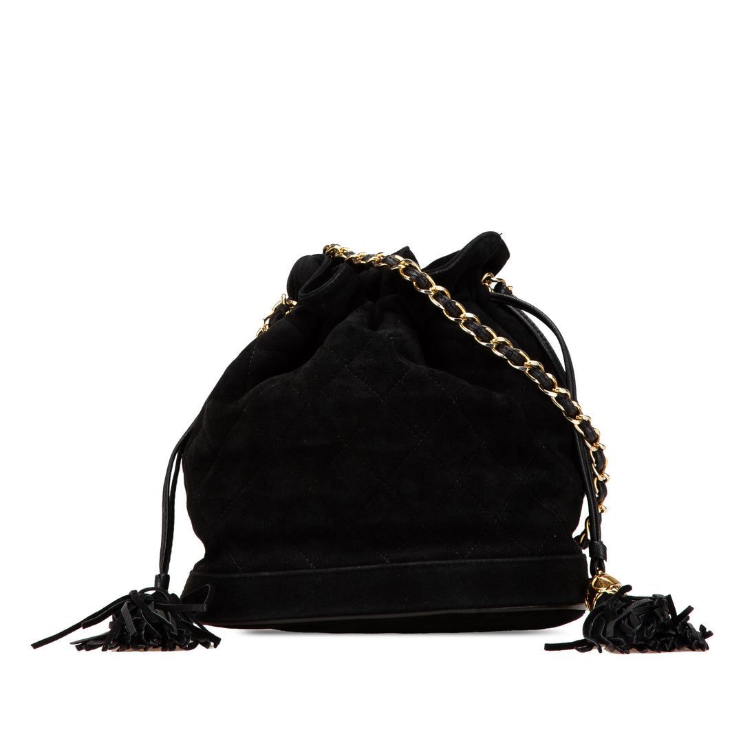 Suede Drawstring Tassel Bucket Bag Black - Gaby Paris