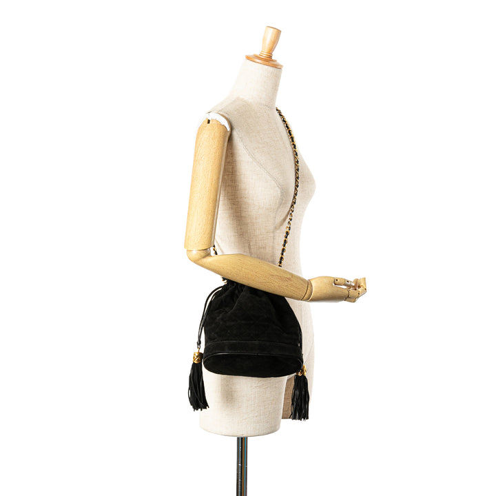 Suede Drawstring Tassel Bucket Bag Black - Gaby Paris
