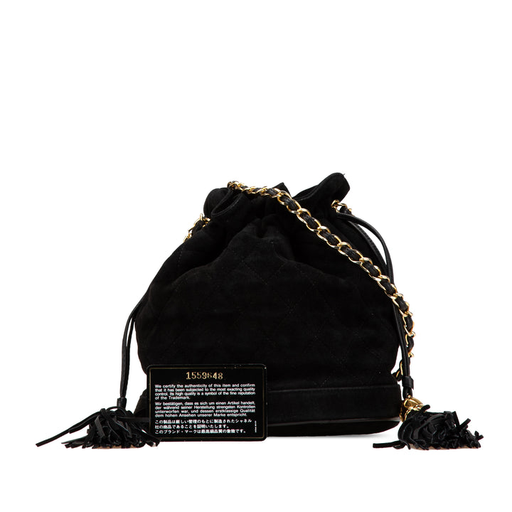 Suede Drawstring Tassel Bucket Bag Black - Gaby Paris