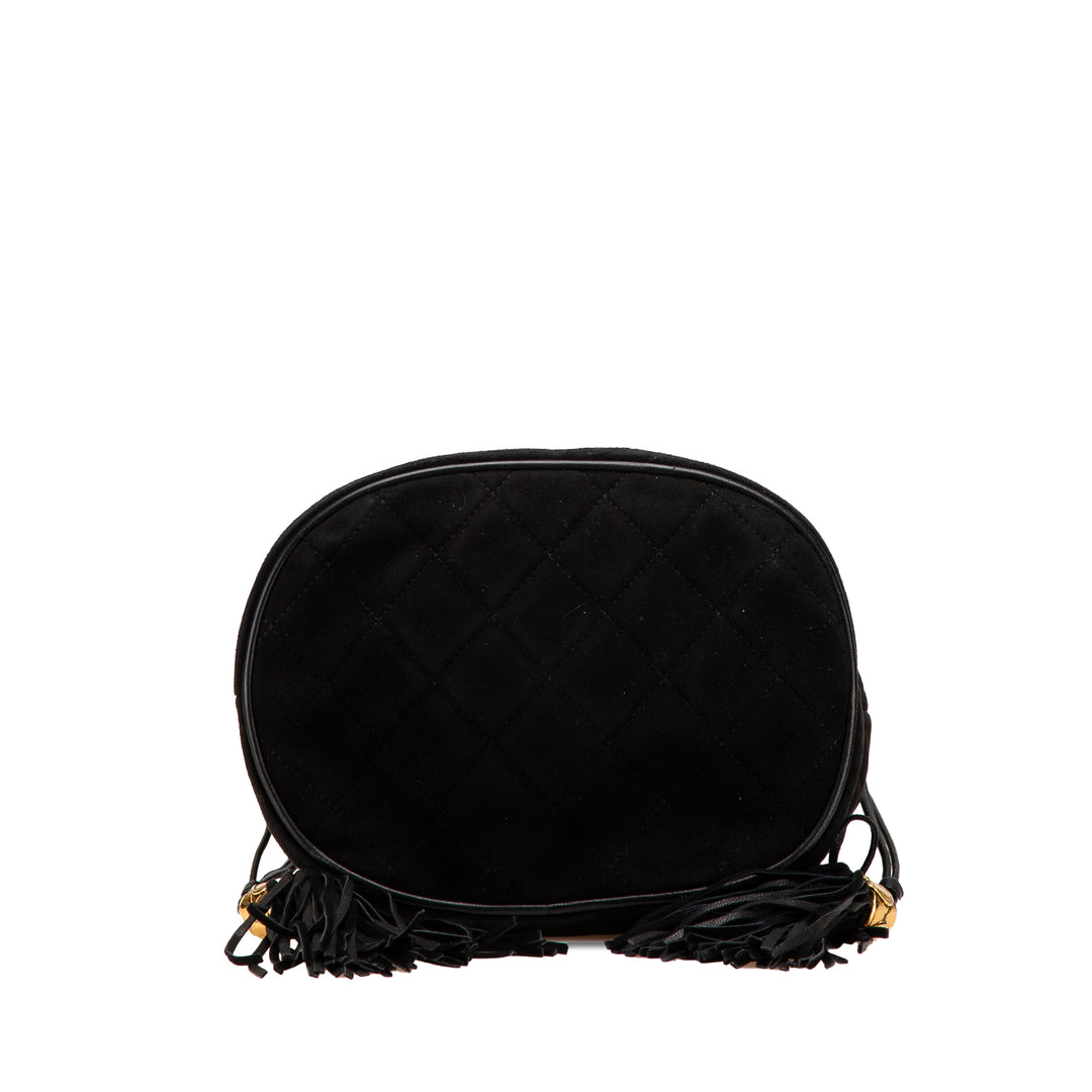 Suede Drawstring Tassel Bucket Bag Black - Gaby Paris