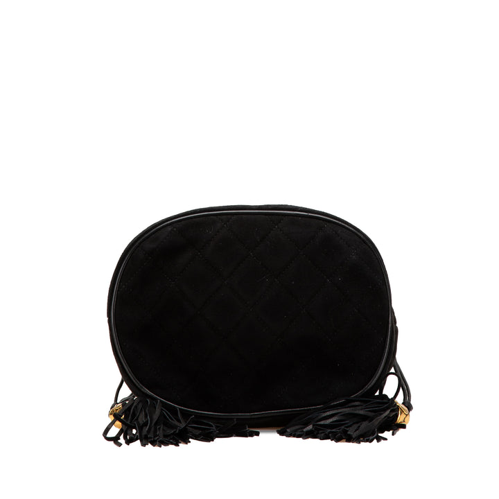 Suede Drawstring Tassel Bucket Bag Black - Gaby Paris
