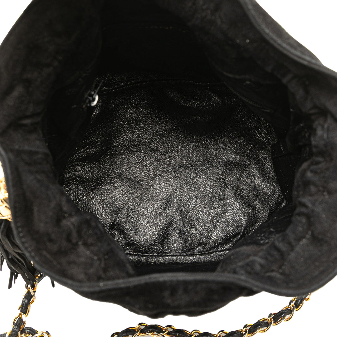 Suede Drawstring Tassel Bucket Bag Black - Gaby Paris