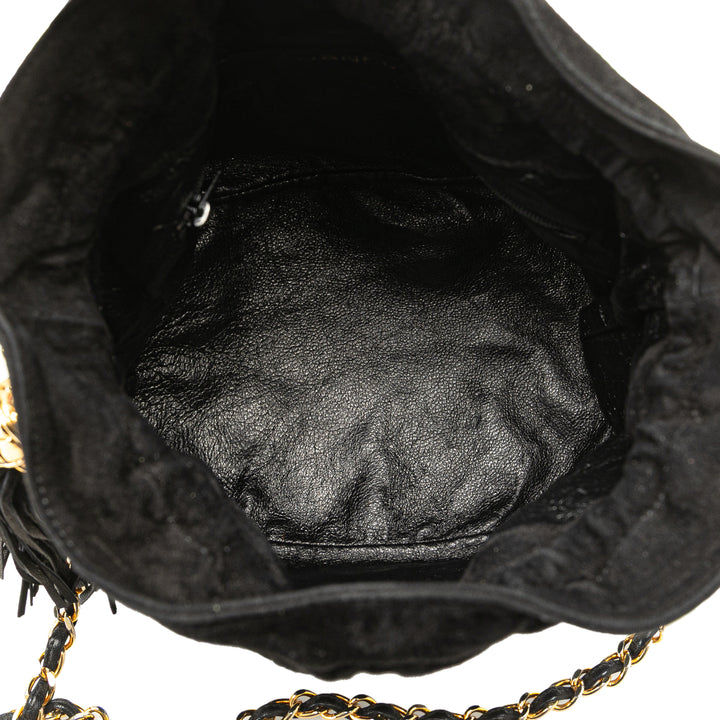 Suede Drawstring Tassel Bucket Bag Black - Gaby Paris