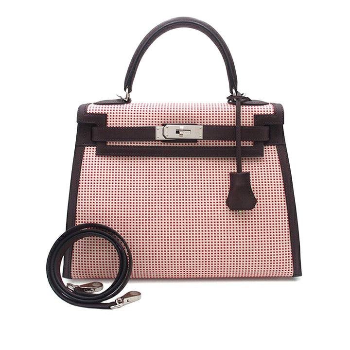 Hermès Toile Quadrille and Swift Kelly II Sellier 28 Rouge
