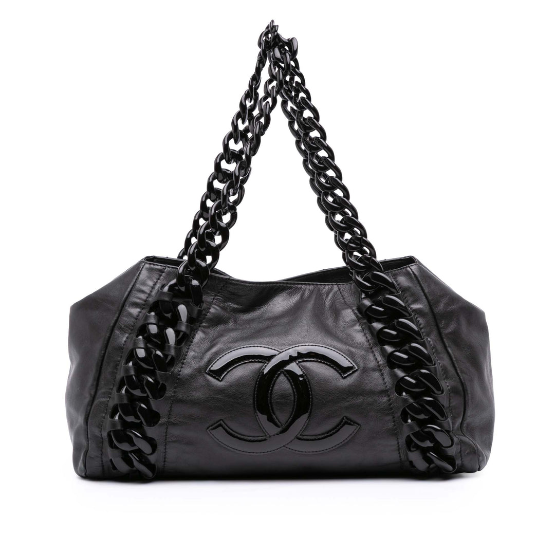CC Calfskin Modern Chain Rhodoid East West Tote Black - Gaby Paris
