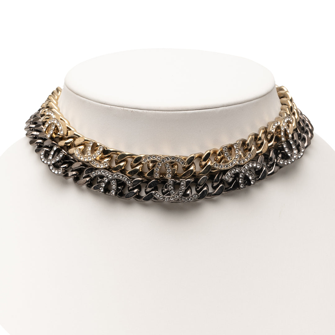 Chanel plaqué et Ruthenium plaqué CC Cristal Split Double Chain Choker Necklace