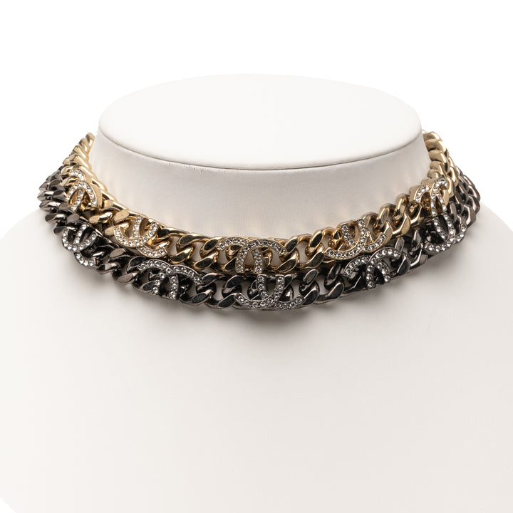 Chanel plaqué et Ruthenium plaqué CC Cristal Split Double Chain Choker Necklace