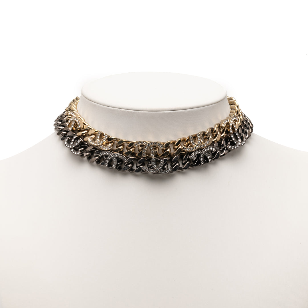 Chanel plaqué et Ruthenium plaqué CC Cristal Split Double Chain Choker Necklace