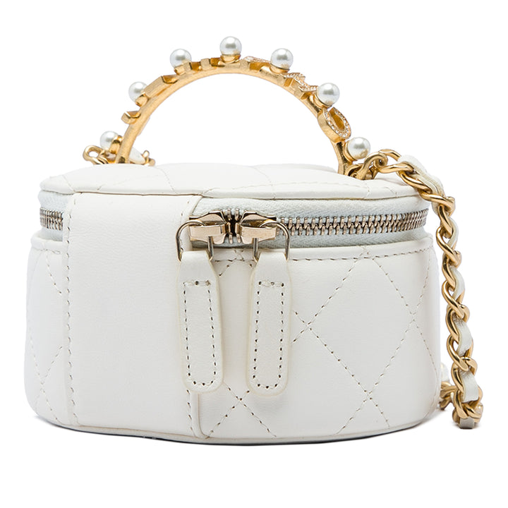 Chanel Vanity CC Matelassé Cristal Perley Girl Rond avec chaîne Cuir d'agneau Blanc – vue 2 – GABY PARIS