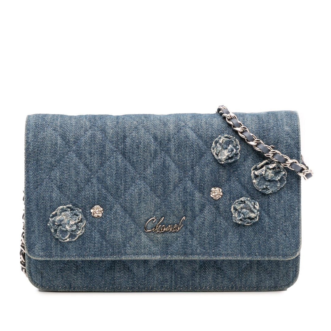Quilted Denim Camellia Wallet On Chain Denim Blue - Gaby Paris