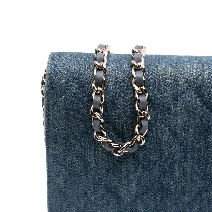 Quilted Denim Camellia Wallet On Chain Denim Blue - Gaby Paris