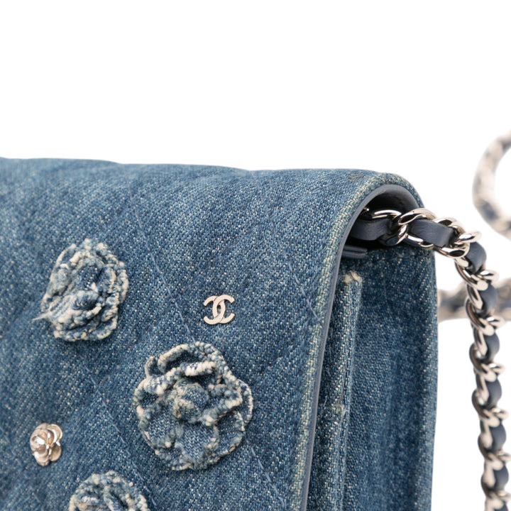 Quilted Denim Camellia Wallet On Chain Denim Blue - Gaby Paris