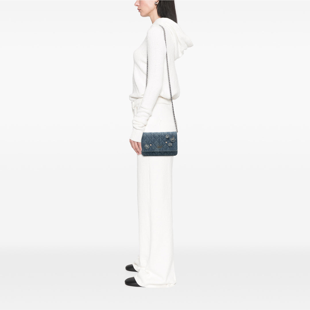 Quilted Denim Camellia Wallet On Chain Denim Blue - Gaby Paris