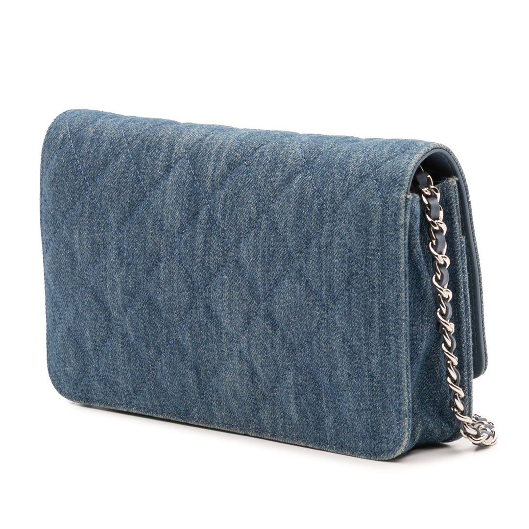 Quilted Denim Camellia Wallet On Chain Denim Blue - Gaby Paris