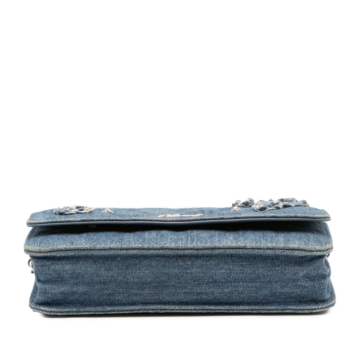 Quilted Denim Camellia Wallet On Chain Denim Blue - Gaby Paris