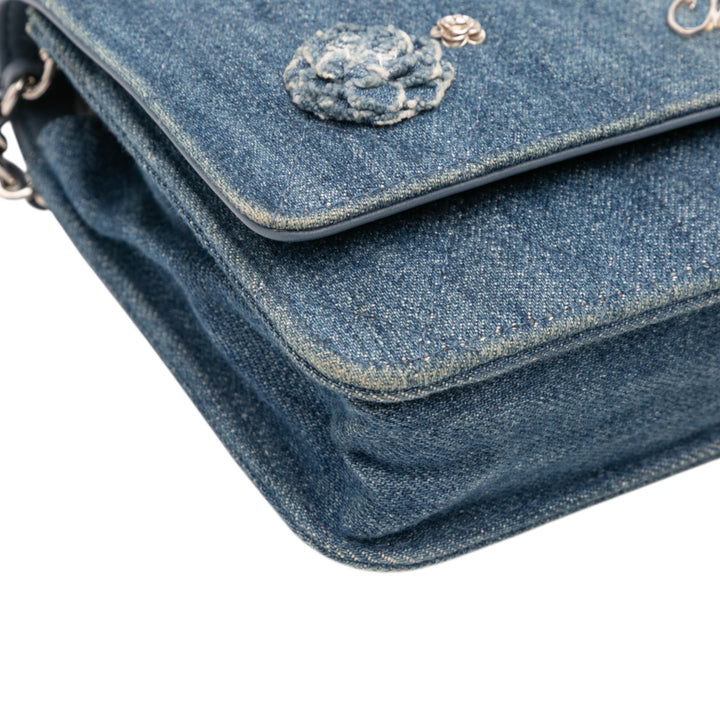 Quilted Denim Camellia Wallet On Chain Denim Blue - Gaby Paris
