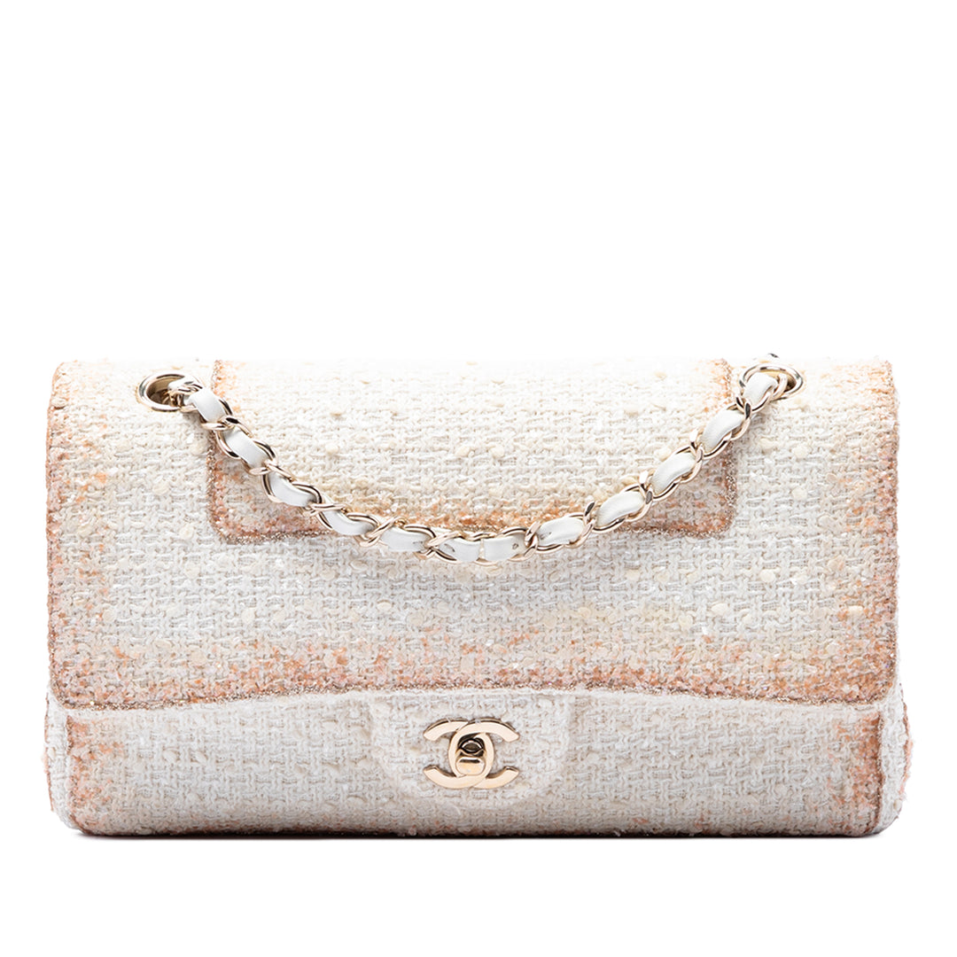 Chanel Sac porté épaule Classic Métallisé Double rabat Tweed Moyen Blanc – vue principale – GABY PARIS