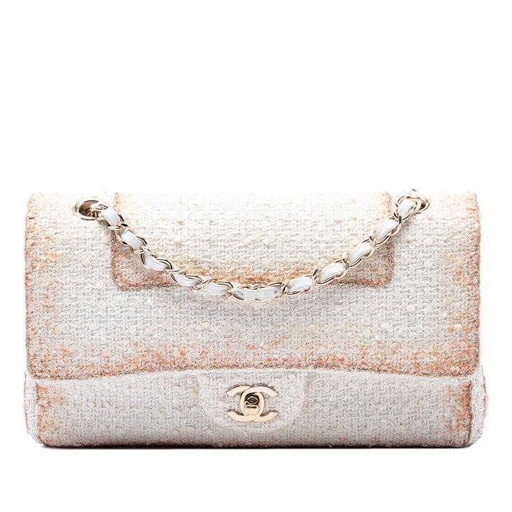 Chanel Sac porté épaule Classic Métallisé Double rabat Tweed Moyen Blanc – vue principale – GABY PARIS