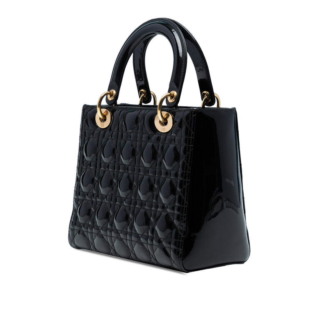 Dior Medium Cuir verni Cannage Lady Dior Noir