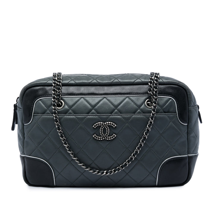 Chanel CC Bicolore Matelassé Chaîne Sac caméra Moyen Cuir de veau Noir