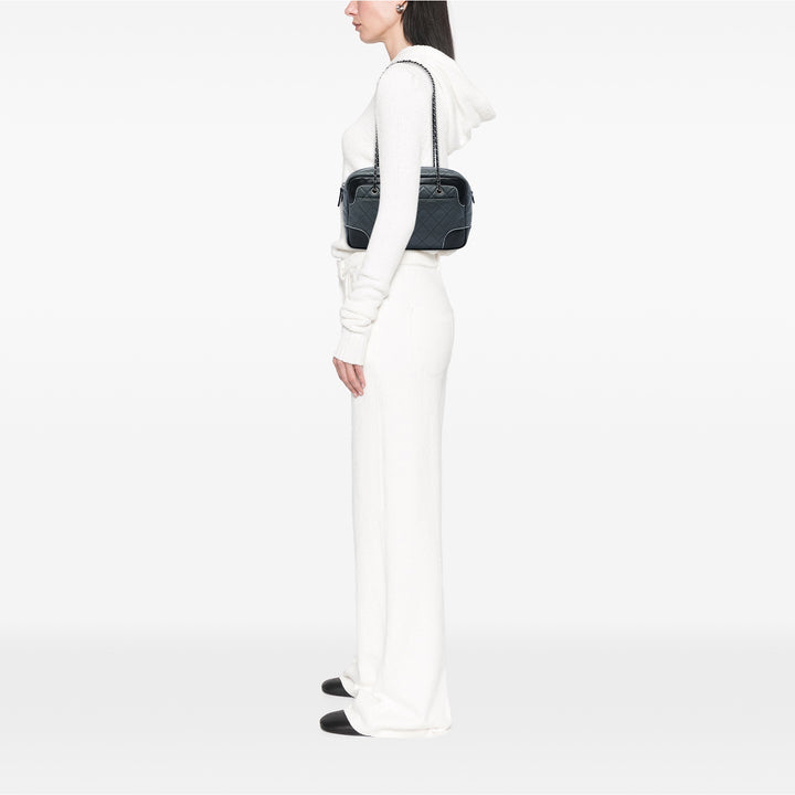 Chanel CC Bicolore Matelassé Chaîne Sac caméra Moyen Cuir de veau Noir