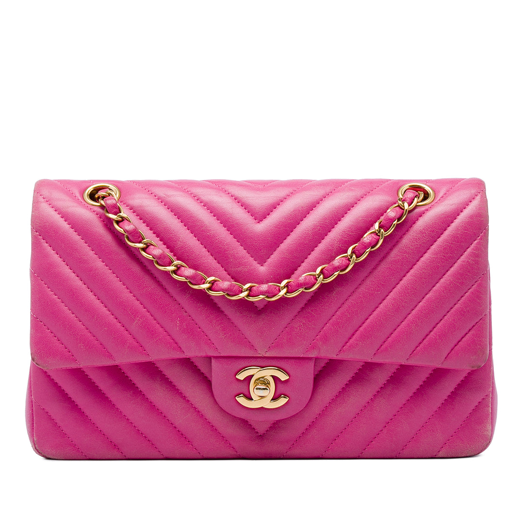 Chanel Classic Chevron Double rabat Moyen Cuir d'agneau Rose – vue principale – GABY PARIS